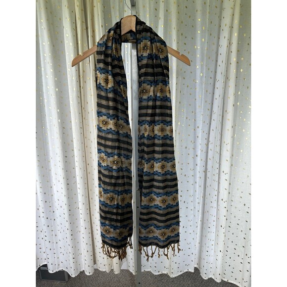 Women's Southwestern Style Cotton Blend Scarf Shawl Tassel Trim Hair Wrap - Picture 2 of 3